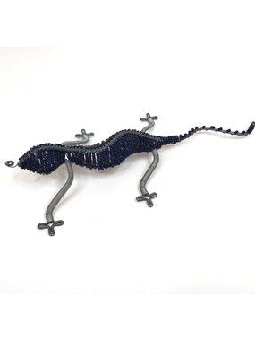 Artisan Handmade Beaded Wire Lizard Gecko Sculpture Purple Blue Home Decor 11"